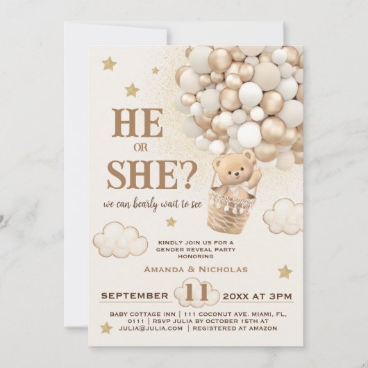 Hij of zij onthult teddyberen ballonnen kaart (Voorkant)