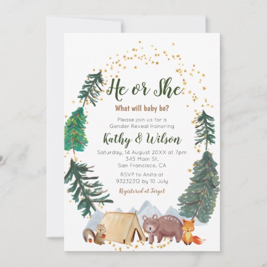 Hij of zij onthult Woodland Animal Invitation Kaart (Voorkant)