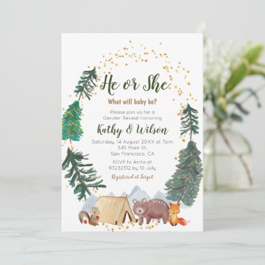Hij of zij onthult Woodland Animal Invitation Kaart (Staand voorkant)