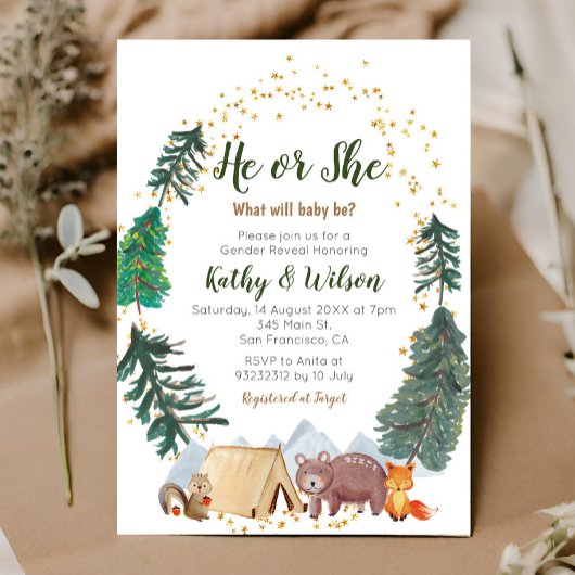 Hij of zij onthult Woodland Animal Invitation Kaart