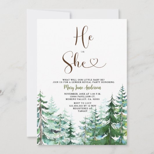 Hij of zij Pine Trees Winter Geslacht onthullen Kaart (Voorkant)
