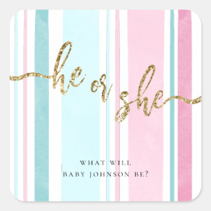 Hij of Zij Pink and Blue Gender Reveal Vierkante Sticker