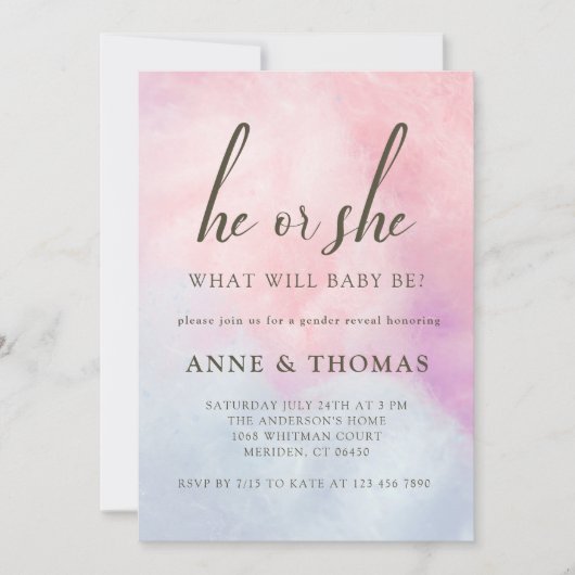 Hij of zij Pink Blue Pastel Gender Reveal Party Kaart (Voorkant)
