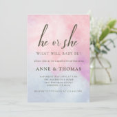 Hij of zij Pink Blue Pastel Gender Reveal Party Kaart (Staand voorkant)