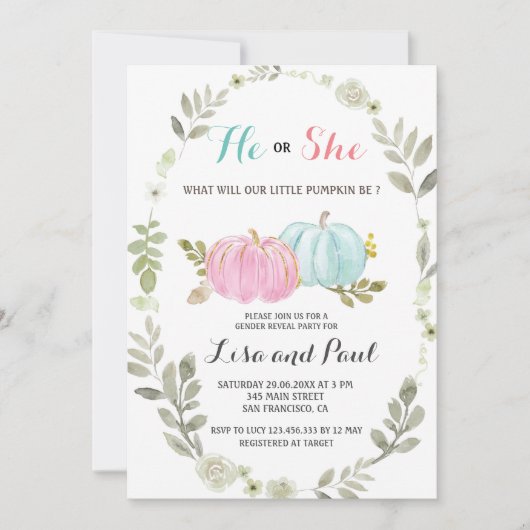 Hij of zij Pink Blue Pumpkins Genderonthulling Kaart (Voorkant)