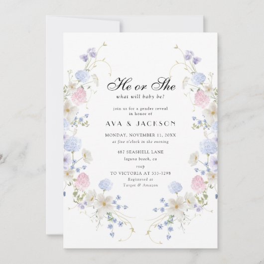 Hij of zij Pink & Blue Wildflower Genderonthulling Kaart (Voorkant)