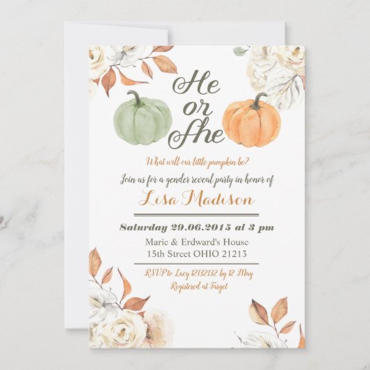 Hij of Zij Pompoen herfst geslacht onthulling uitn Kaart (Voorkant)