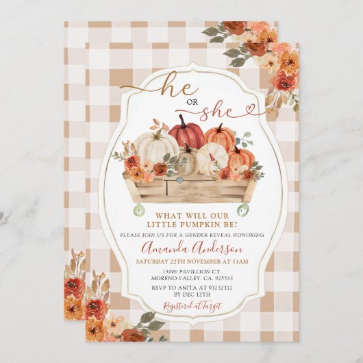 Hij of zij pompoen patch Herfst Floral Gender Reve Kaart (Voorkant / Achterkant)