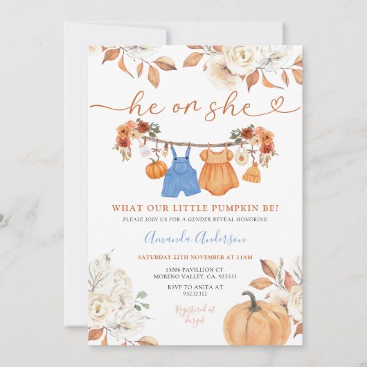 Hij of zij pompt babykleding geslachtsonthulling kaart (Voorkant)