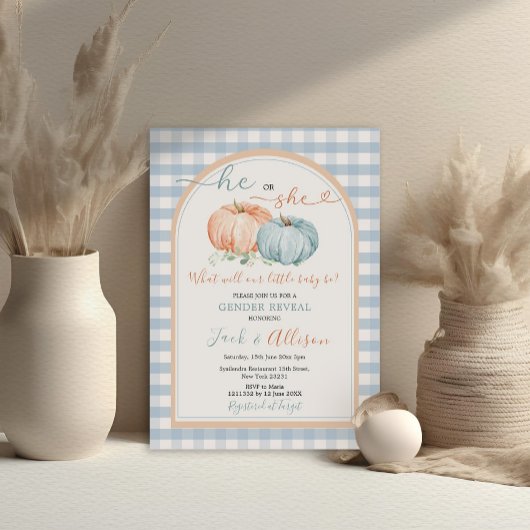 Hij of zij Pumpkin Blue Gingham Arch Genderonthull Kaart