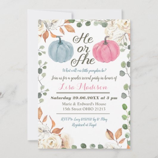 Hij of zij Pumpkin herfst Geslacht Onthulling Uitn Kaart (Voorkant)