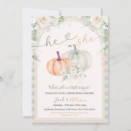 Hij of zij Pumpkin Sage Green Gingham Genderonthul Kaart (Voorkant)