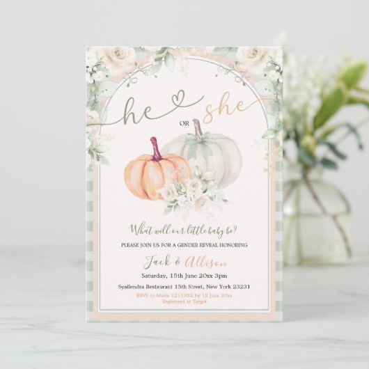 Hij of zij Pumpkin Sage Green Gingham Genderonthul Kaart (Staand voorkant)