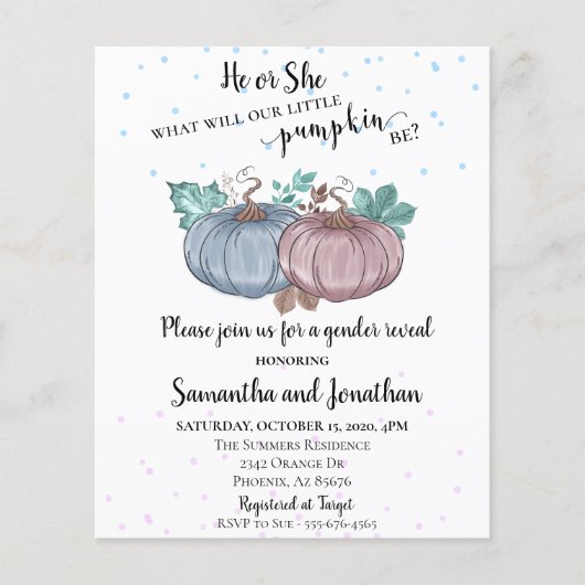 Hij of zij roze blauw pomkin Gender Reopenbaart he Flyer (Voorkant)