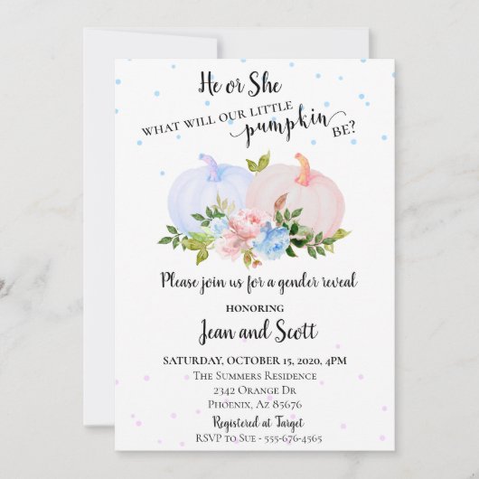 Hij of zij roze blauw pomkin Gender Reopenbaart he Kaart (Voorkant)