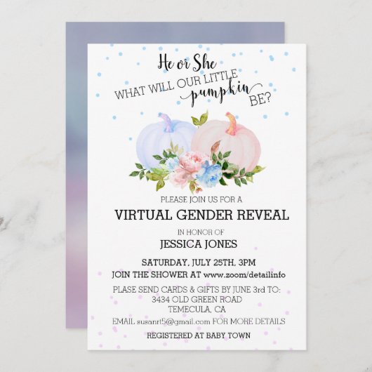 Hij of zij roze blauw pompoen kaart (Voorkant / Achterkant)