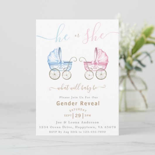 Hij of Zij Roze & Blauw Wandelwagen Gender Reveal Kaart (Staand voorkant)