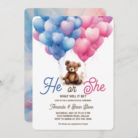 Hij of zij Roze Blauwe Ballonnen Beer Geslacht ont Kaart (Voorkant / Achterkant)