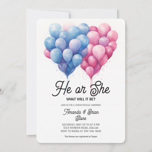 Hij of zij Roze Blauwe Ballonnen Geslacht Onthulle Kaart (Voorkant)