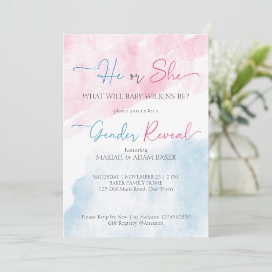 Hij of zij roze en blauw geslacht onthullen sjablo kaart (Staand voorkant)