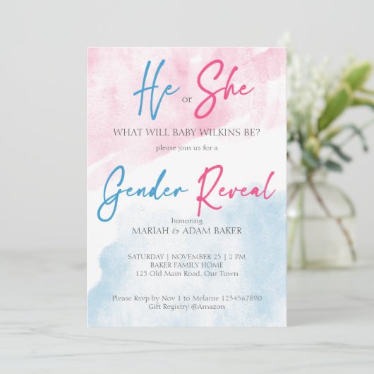 Hij of zij roze en blauw geslacht onthullen sjablo kaart (Staand voorkant)