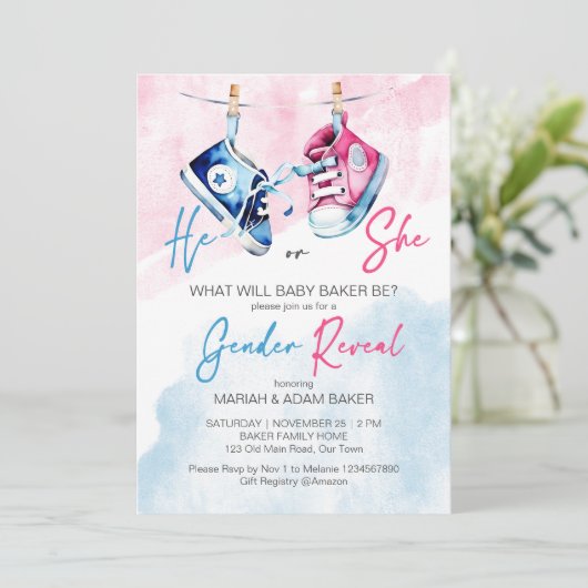 Hij of zij roze en blauw geslacht onthullen sjablo kaart (Staand voorkant)