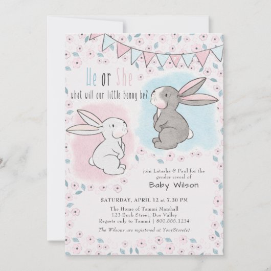 Hij of zij Roze en Blauwe Bunny Gender onthullen Kaart (Voorkant)