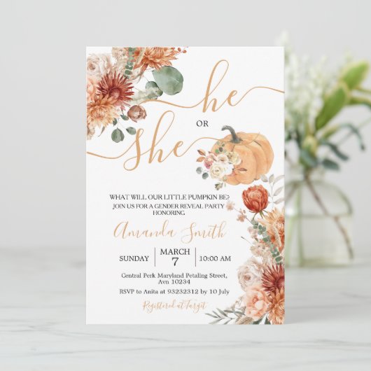 Hij of zij Rustic Floral Herfst Gender Reveal Part Kaart (Staand voorkant)