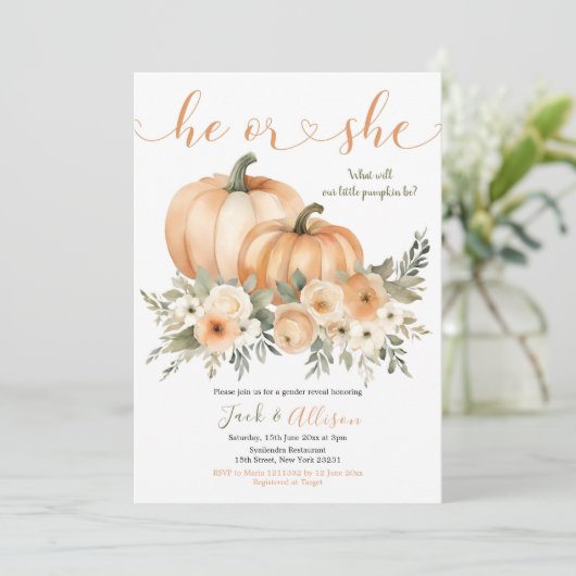 Hij of zij Rustieke Herfst Oranje Pompoen Gender R Kaart (Staand voorkant)