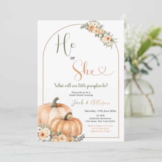 Hij of zij Rustieke Oranje Pompoen Herfst Gender R Kaart (Staand voorkant)