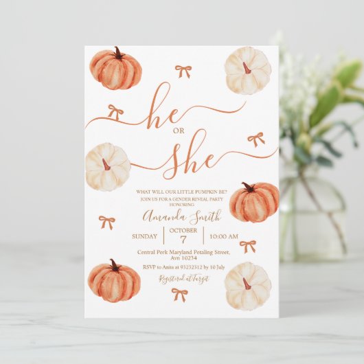 Hij of zij Rustieke Pumpkin Gender Reveal Kaart (Staand voorkant)