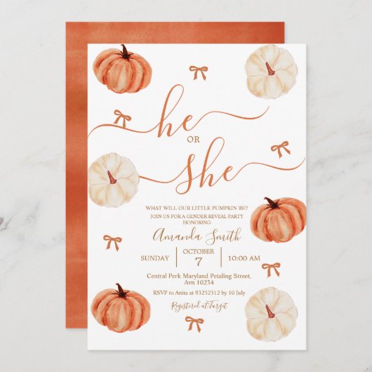 Hij of zij Rustieke Pumpkin Gender Reveal Kaart (Voorkant / Achterkant)