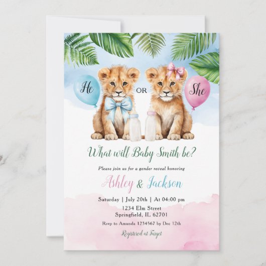 Hij of zij Safari Lion met Bow Baby Gender Reveal Kaart (Voorkant)