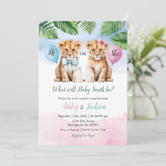 Hij of zij Safari Lion met Bow Baby Gender Reveal Kaart (Staand voorkant)