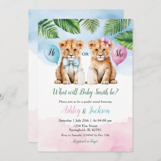 Hij of zij Safari Lion met Bow Baby Gender Reveal Kaart (Voorkant / Achterkant)