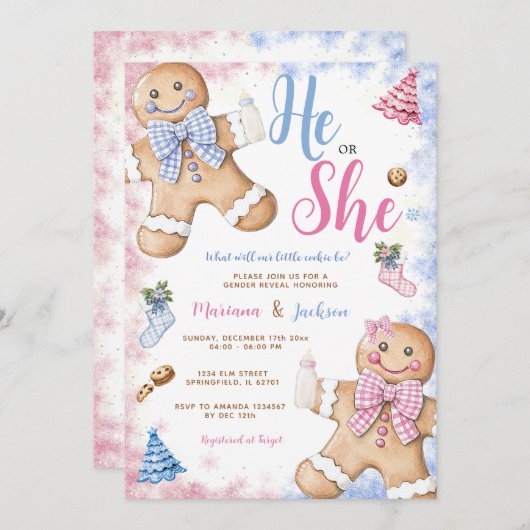 Hij of zij Schattigee Gingerbread Christmas Gender Kaart (Voorkant / Achterkant)