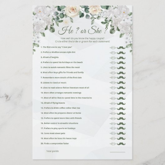 Hij of zij Schattigee huwelijksspel afdrukbaar (Voorkant)