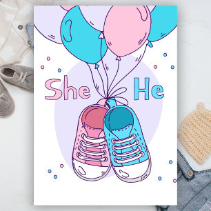 Hij of zij Sneakers Pink Blue Balloon Gender Revea Kaart
