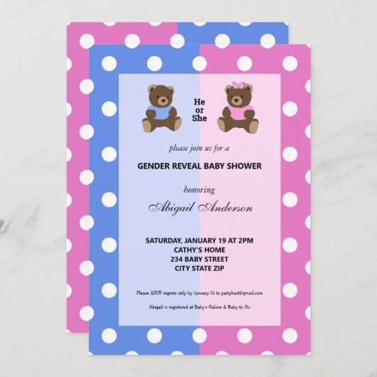 Hij of zij Teddy Bear Gender onthullen Baby shower Kaart (Voorkant / Achterkant)