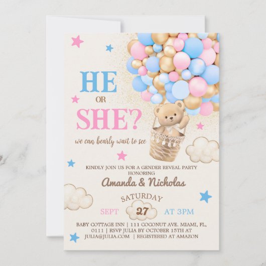 Hij of zij Teddy Beer Hete Luchtballon Geslacht On Kaart (Voorkant)