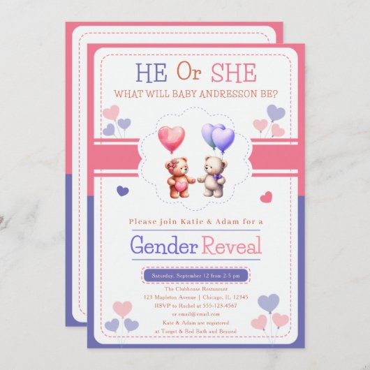 Hij of zij Teddybeer ballonnen Geslacht onthullen Kaart (Voorkant / Achterkant)