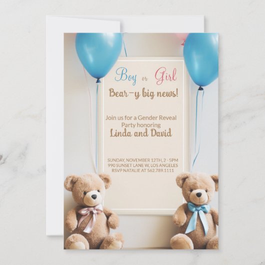 Hij of zij: Teddybeer Gender Reveal Party Kaart (Voorkant)