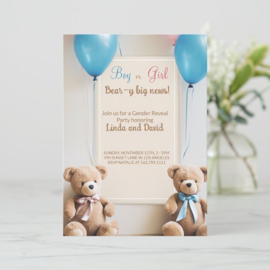 Hij of zij: Teddybeer Gender Reveal Party Kaart (Staand voorkant)