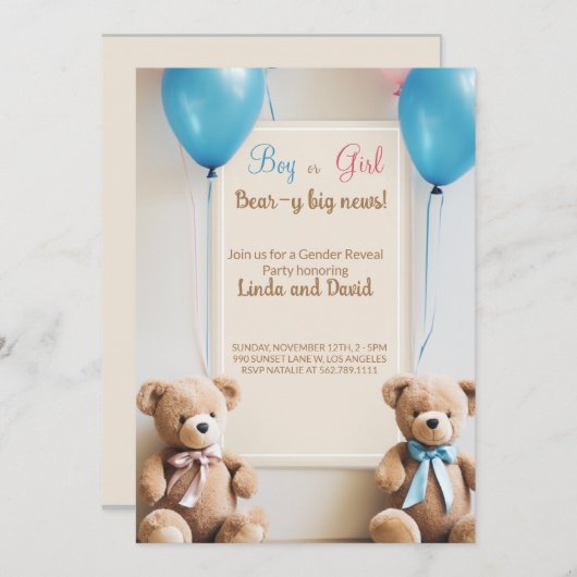 Hij of zij: Teddybeer Gender Reveal Party Kaart (Voorkant / Achterkant)