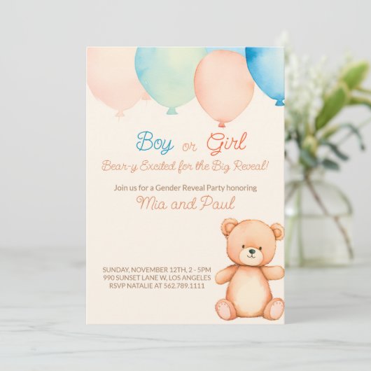 Hij of zij Teddybeer Geslacht onthullen Uitnodigin Kaart (Staand voorkant)