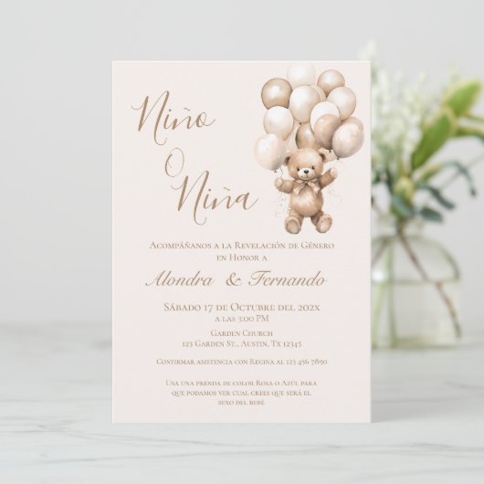 Hij of zij teddybeer met ballonnen Gender Reveal I Kaart (Staand voorkant)