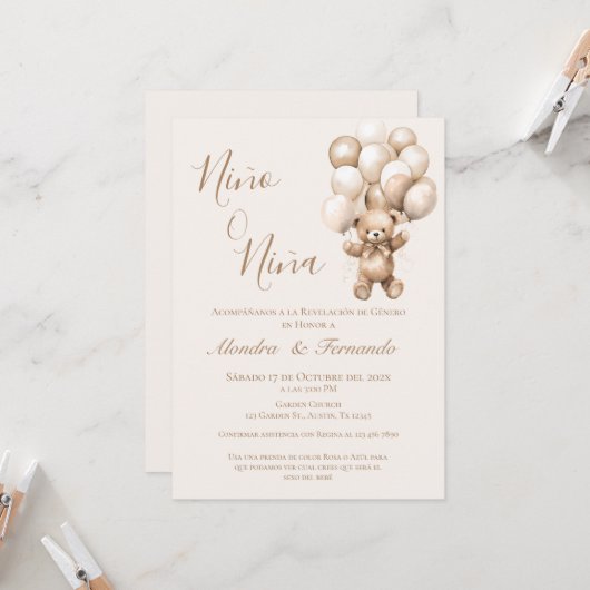 Hij of zij teddybeer met ballonnen Gender Reveal I Kaart (Voorkant / Achterkant in situ)