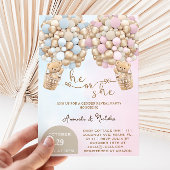 Hij of zij teddybeer met ballonnen kaart