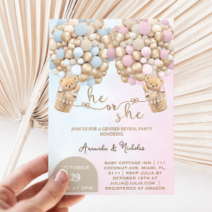 Hij of zij teddybeer met ballonnen kaart