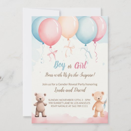 Hij of zij: Teddy's Gender Reveal Party Uitnodigin Kaart (Voorkant)